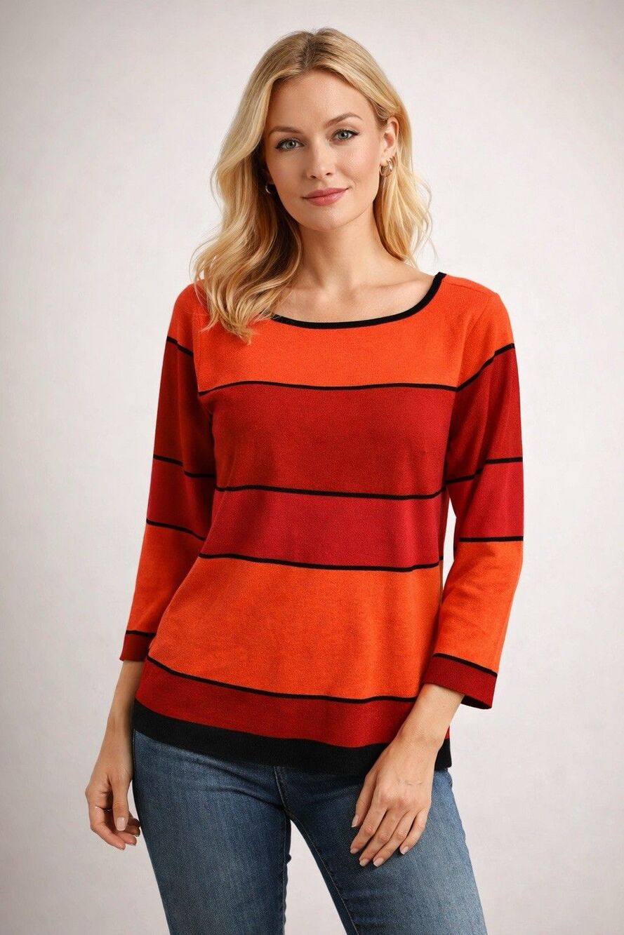 Grace Chic Red Black Striped Knit Top Women’s Lightweight 3/4 Sleeve Sweater L